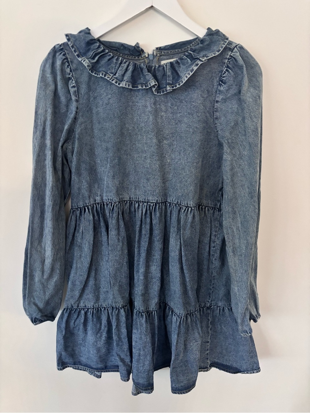 Zara Light Blue Denim Ruffled Long-Sleeve Babydoll Dress